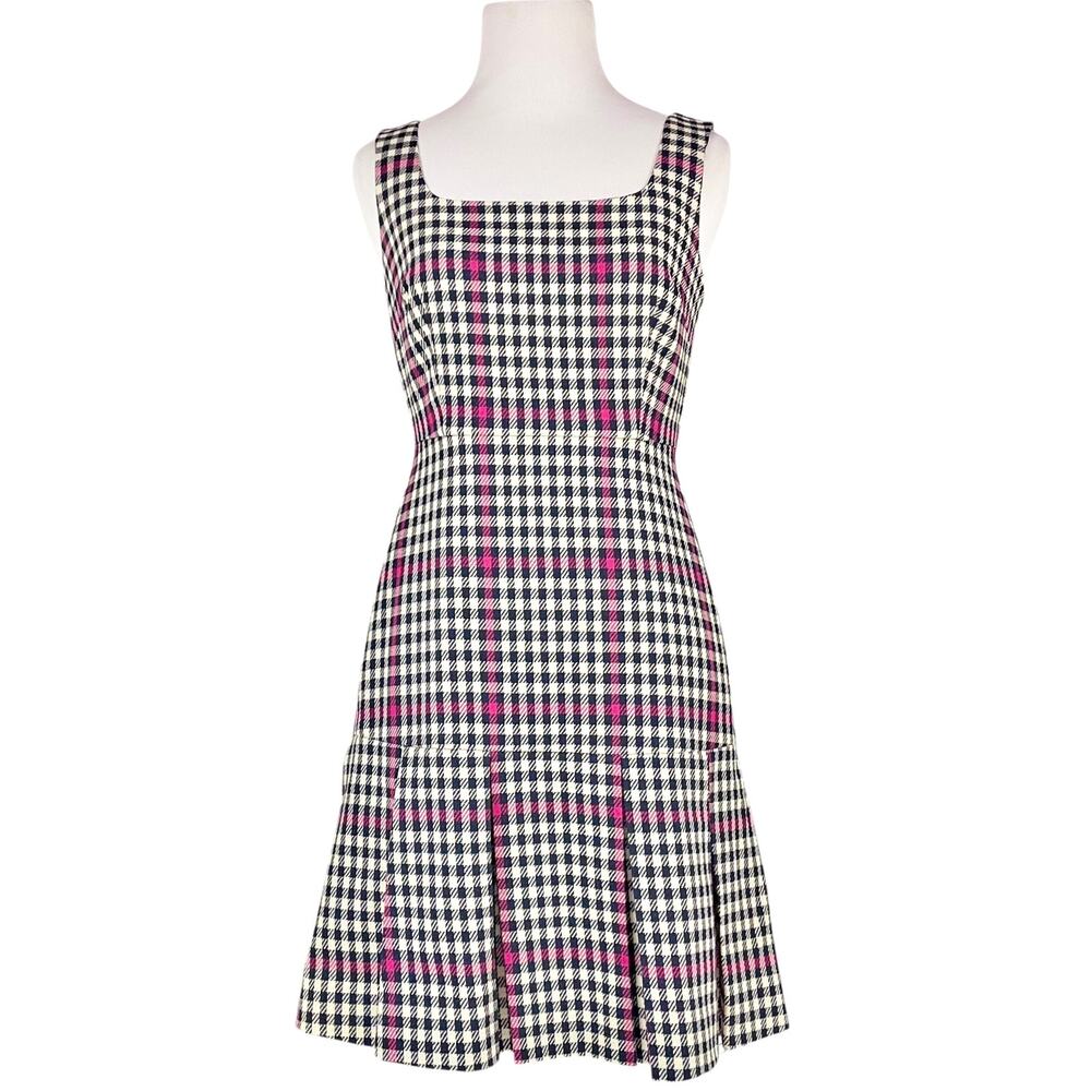 J. CREW Scoopneck Flare Dress in Herringbone Twill Size 0P Cream Navy Pink
